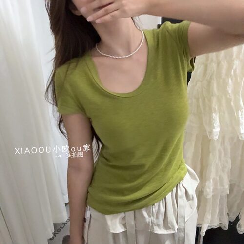 百搭短袖t恤女u领修身显瘦基础款上衣
