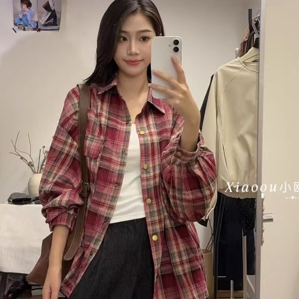 OU复古格子衬衫女2025秋季新款设计感小众宽松显瘦长袖上衣