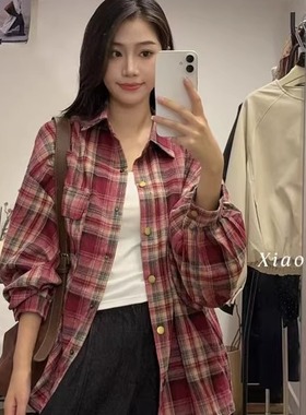 OU复古格子衬衫女2025秋季新款设计感小众宽松显瘦长袖上衣