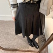 有内衬带腰带学院风毛呢百褶半身裙女A字通勤时尚 百搭四分半裙
