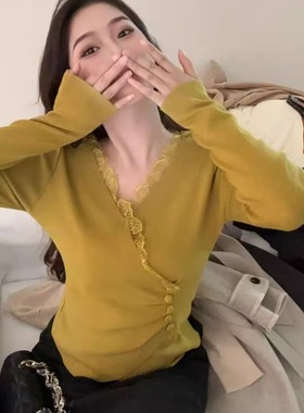 设计感蕾丝拼接V领长袖可叠穿女秋冬不规则交叉上衣