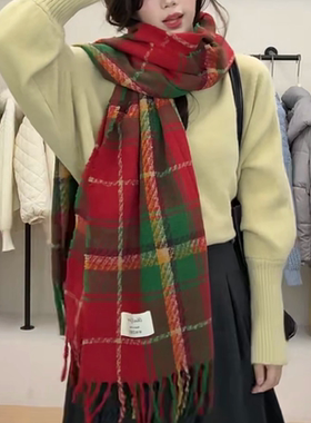 韩版红色格子围巾女冬季流苏披肩保暖百搭高级感