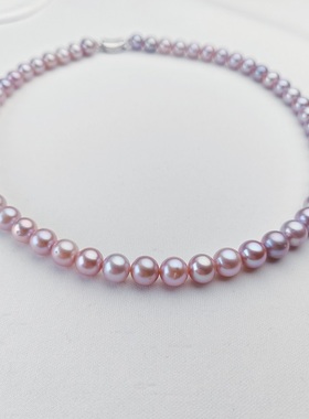 天然淡水珍珠项链女紫色近正圆真珍珠强光近无暇8-9mm