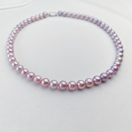 天然淡水珍珠项链女紫色近正圆真珍珠强光近无暇8-9mm