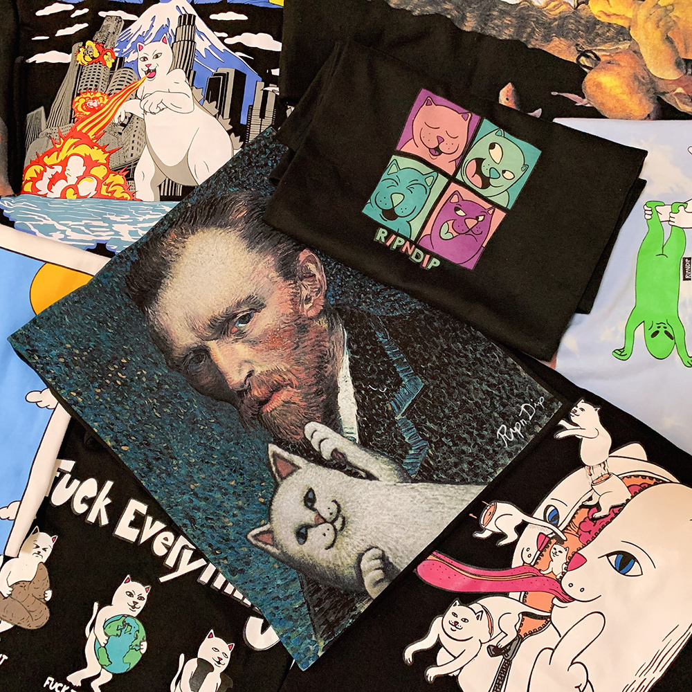 美国潮牌RIPNDIP贱猫中指猫纯棉短袖T恤经典口袋猫男女情侣款TEE