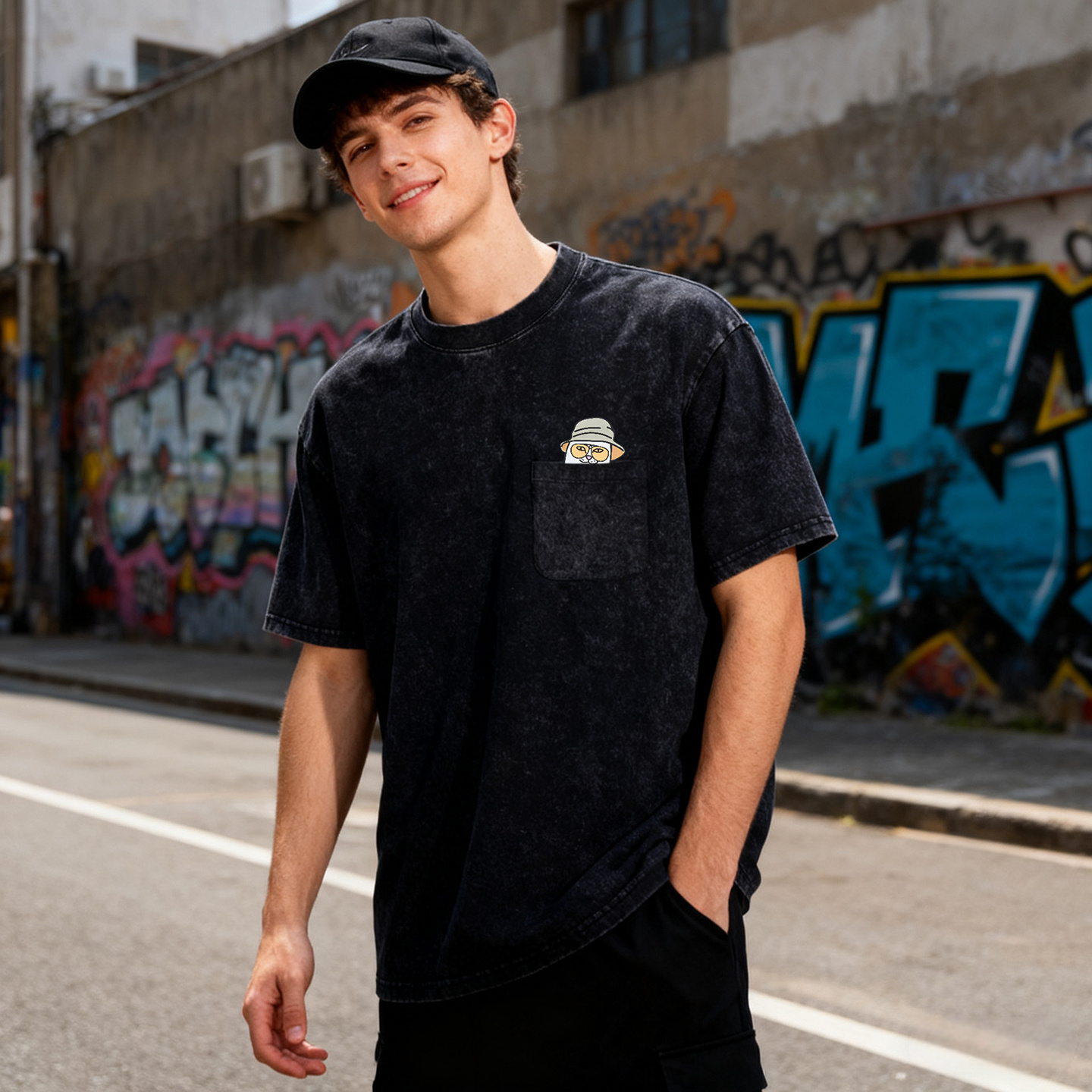 美国潮牌RIPNDIP贱猫中指猫纯棉做旧短袖T恤口袋渔夫帽男女情侣款