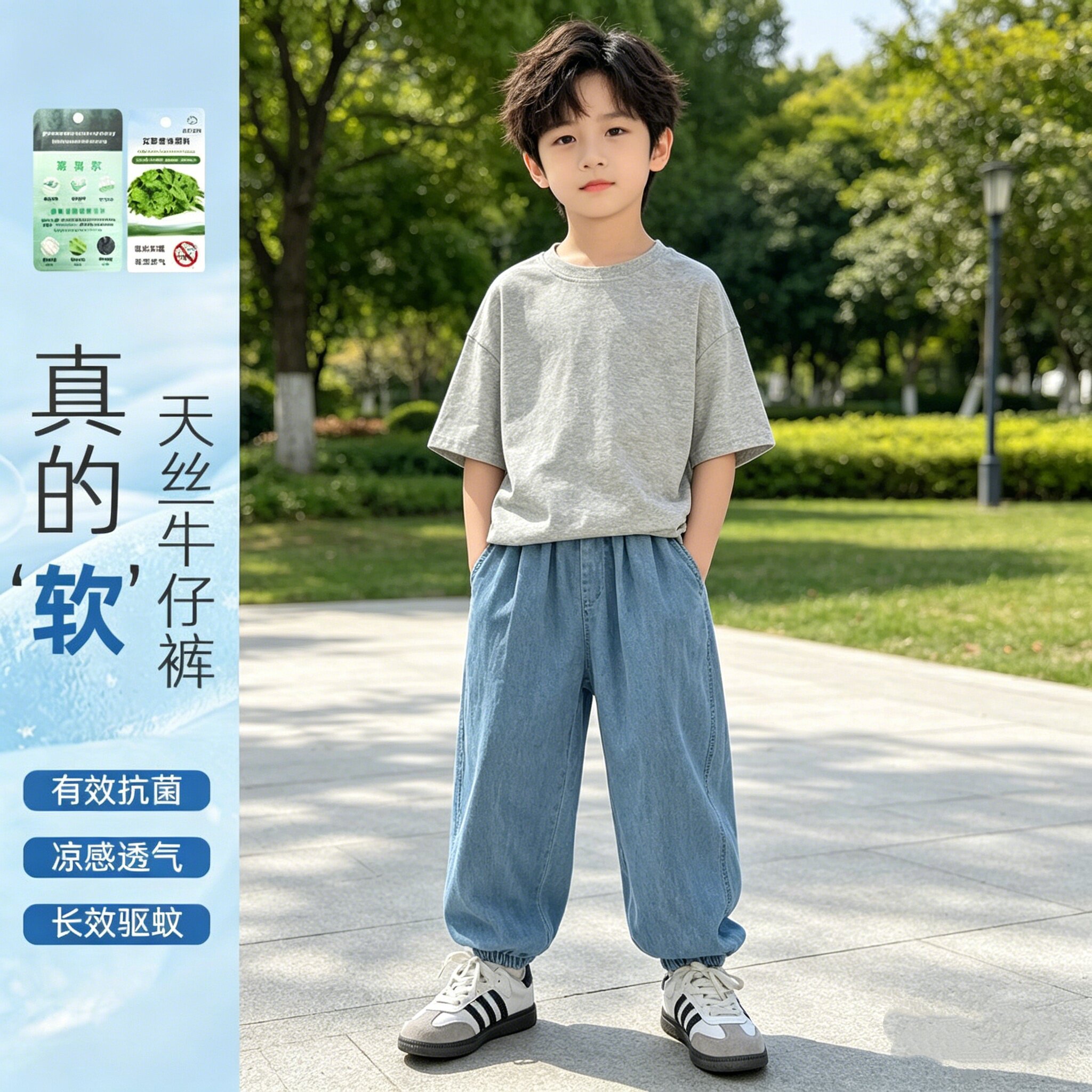 5夏装4男童6艾草盾天丝牛仔裤7中大童8小男孩长裤子3岁防蚊裤宝宝