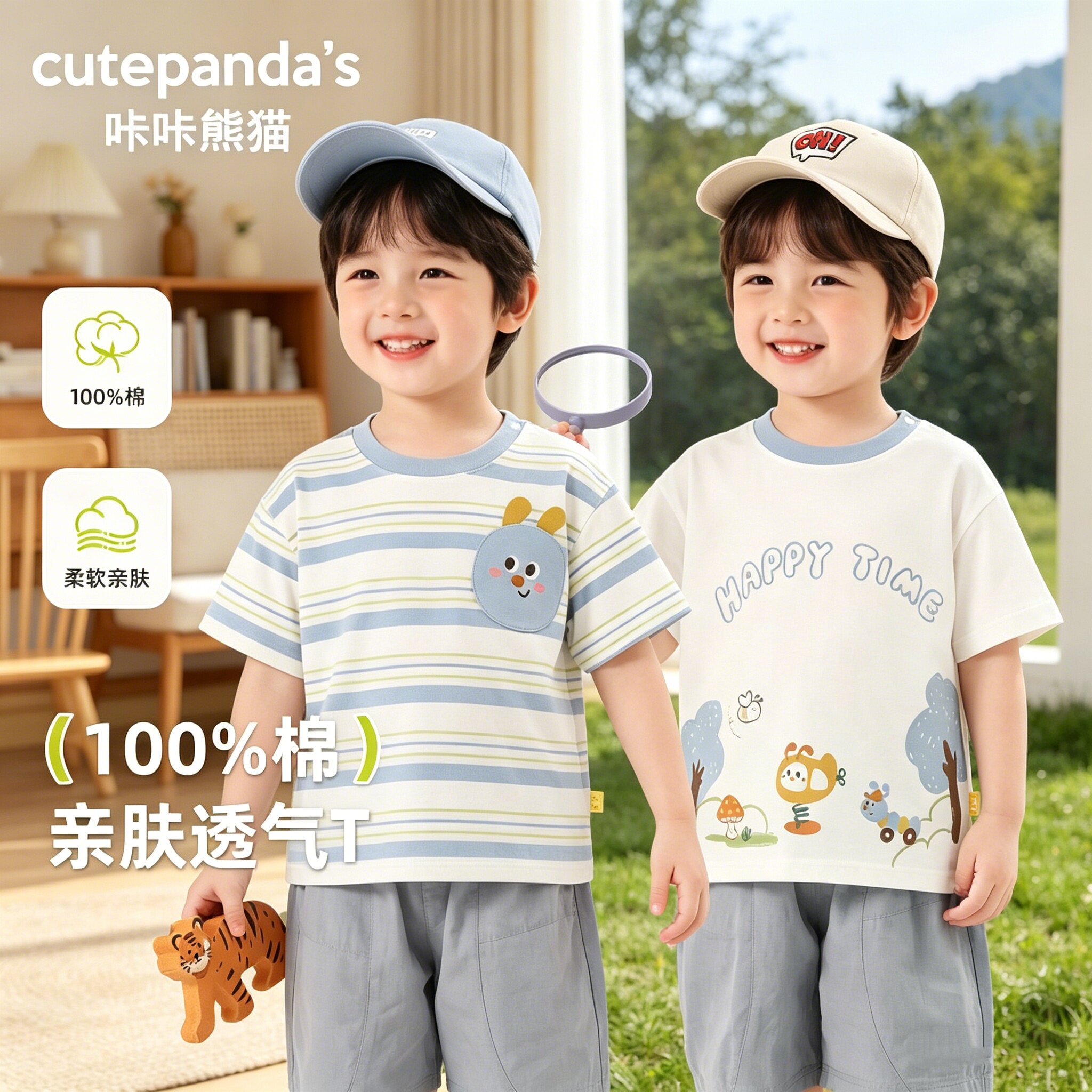 5夏装4女童纯棉卡通条纹短袖T恤衫1儿童装男童3岁开肩扣上衣2宝宝