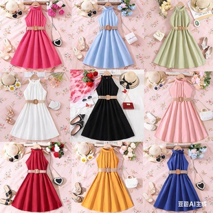 5夏装4女童6纯色无袖露肩挂脖连衣裙7儿童装8小女孩3岁公主裙宝宝