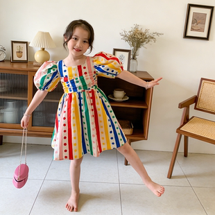 连衣裙2儿童装 彩条系带泡袖 1小女孩3岁蓬蓬公主裙 4女童6短袖 5夏装