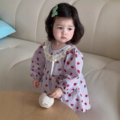 春装女童长袖花边包屁连衣裙1儿童装小女孩2岁草莓印花公主裙宝宝