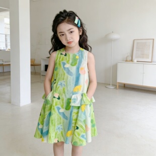 5夏装4女童6彩色油画无袖连衣裙7儿童装8小女孩度假裙3岁背心裙子