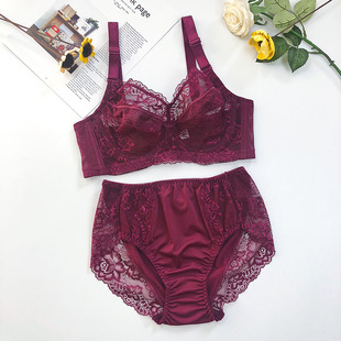 本命年酒红色文胸套装结婚大码超薄款无海绵蕾丝大胸显小缩胸胸罩