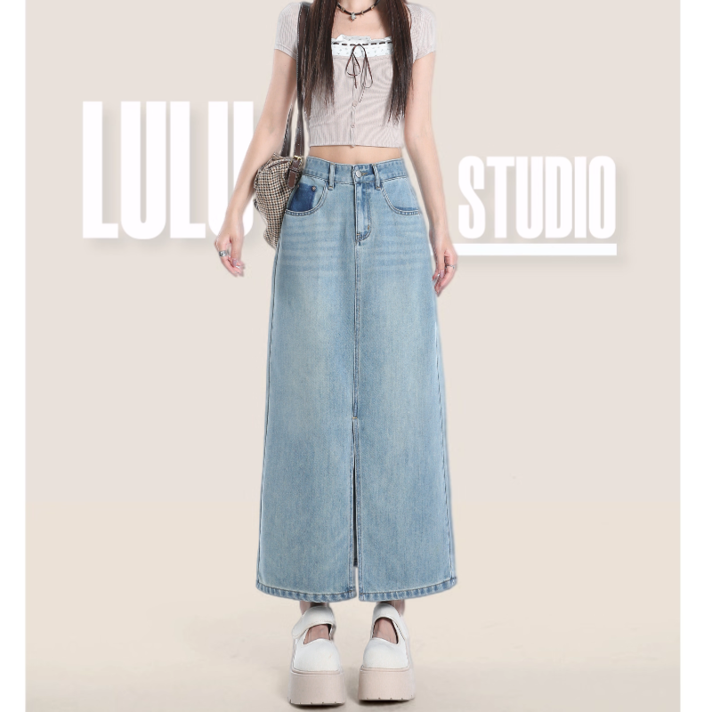 LULU家 夏季莱赛尔半身裙长裙设计感纽扣高腰开叉a字包臀牛仔裙女