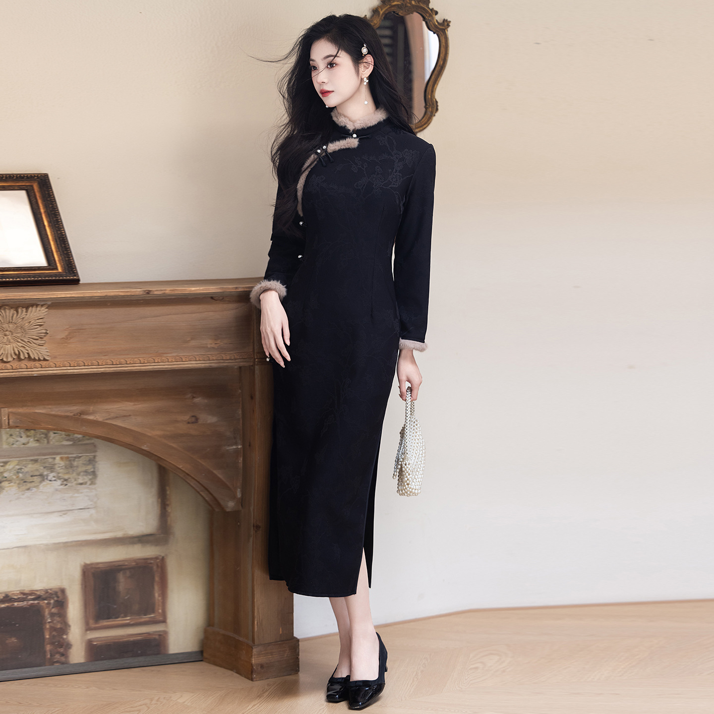 黑色冬装加绒加厚国风中式长款长袖旗袍2025新款女复古收腰秋冬季