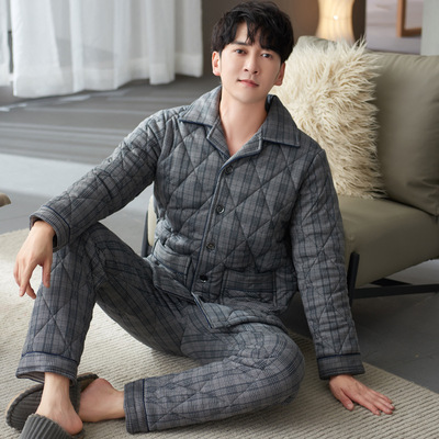 2025冬季新款保暖加厚纯棉三层夹棉男款套装棉袄家居服睡衣