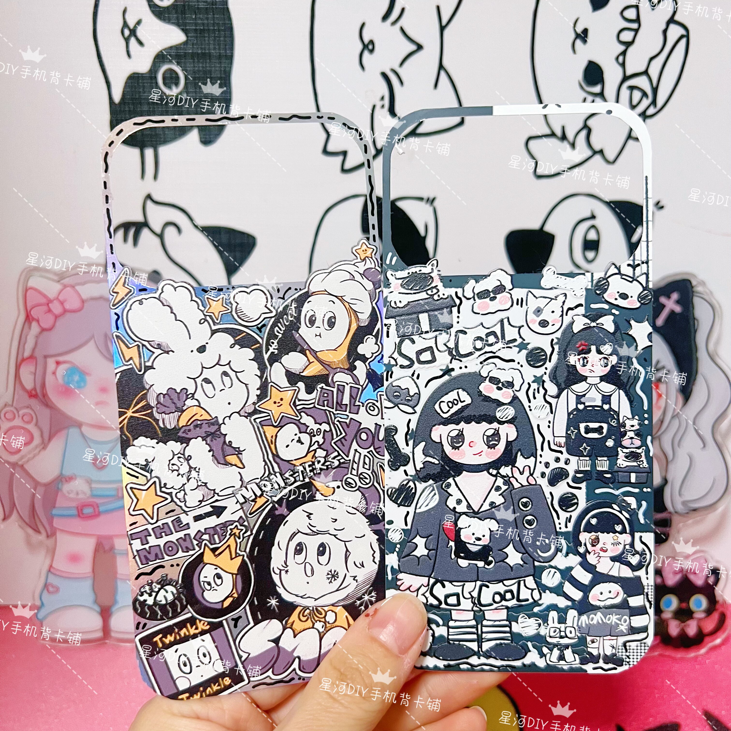 手机背卡现货星星人momoko苹果17pro原创手绘贴纸DIY手工品