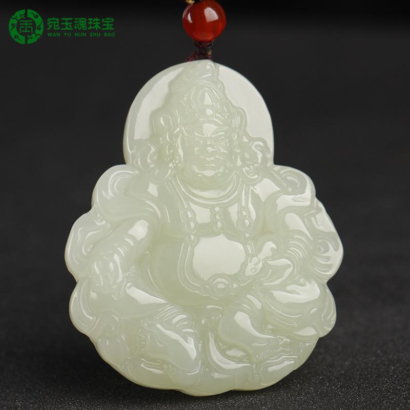天然和田玉黄财神吊坠玉石项链
