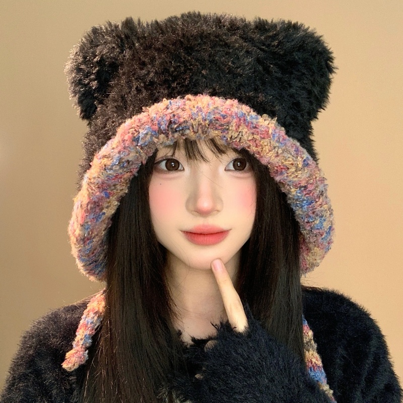 可爱绑带小熊耳朵毛绒帽子女秋冬