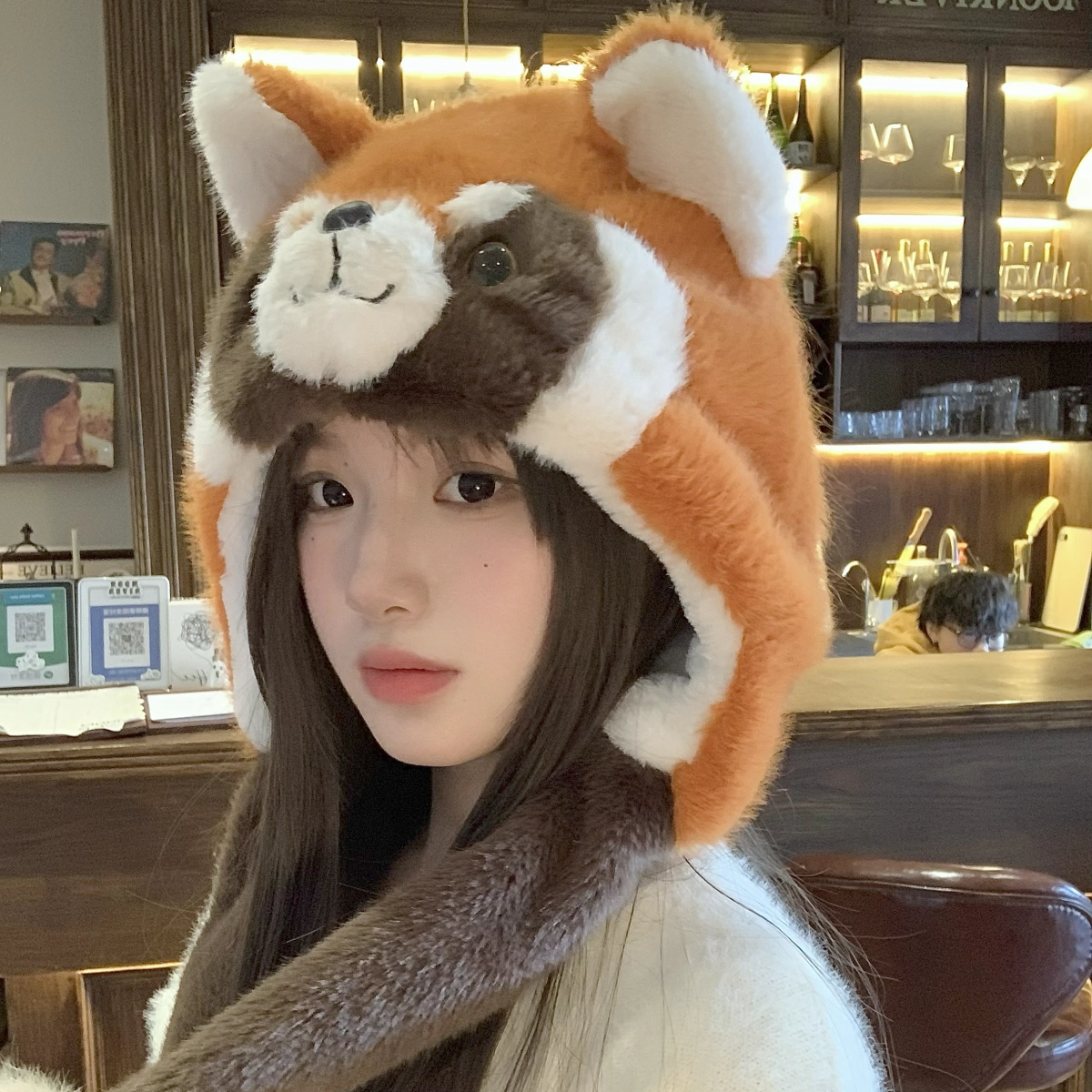 日系耳朵会动小浣熊护耳毛绒帽子