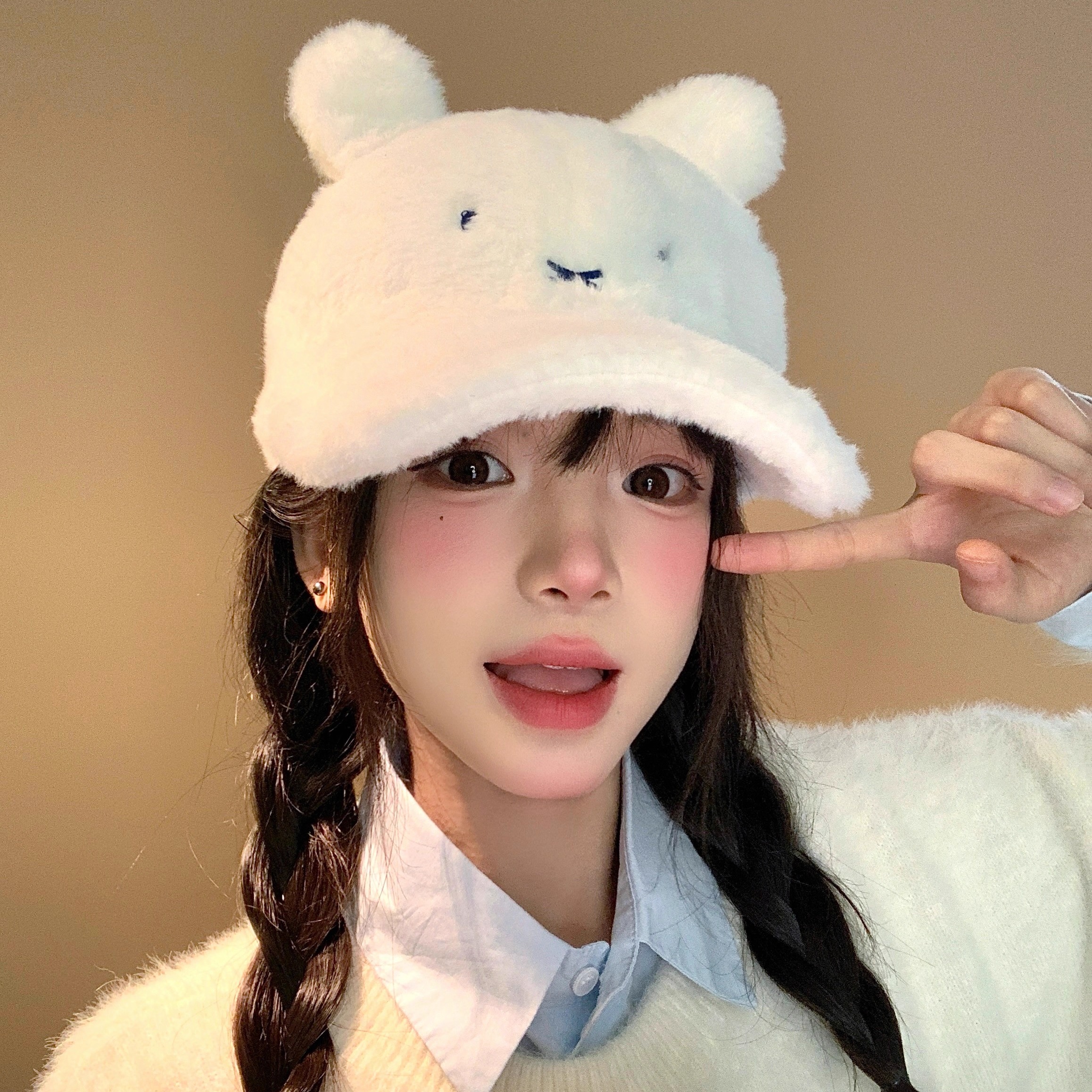 卡通米菲兔子耳朵毛绒棒球帽女秋