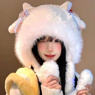 可爱蝴蝶结小羊毛绒帽女冬季新款耳朵会动帽子加绒加厚保暖雷锋帽