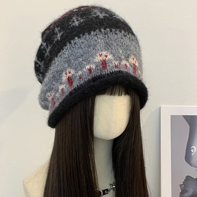 费尔岛风卷边提花堆堆帽女秋冬