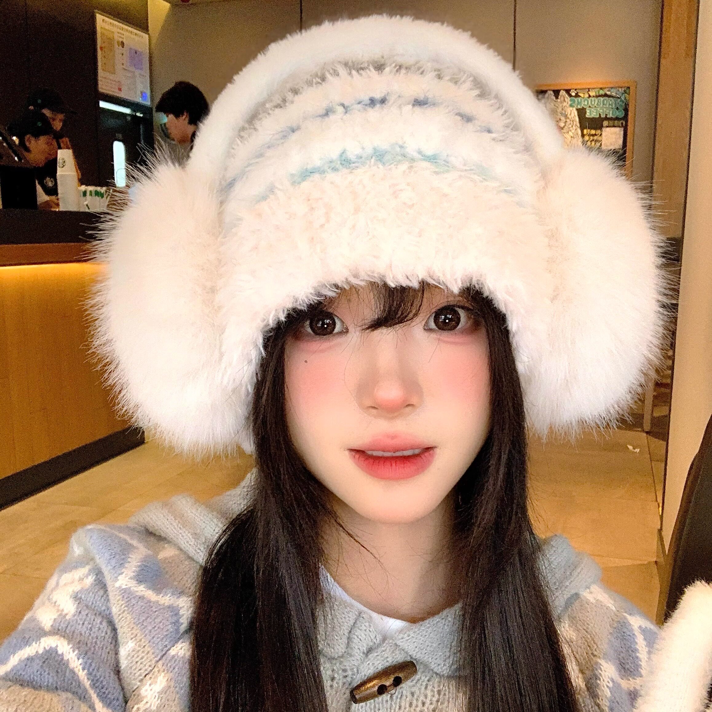 韩版加厚毛绒绒针织帽子女秋冬款