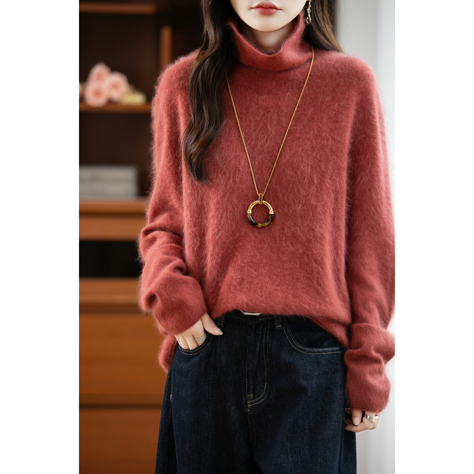 冬日氛围感~拉绒羊毛堆堆领针织套头软糯轻盈保暖打底衫PY5131