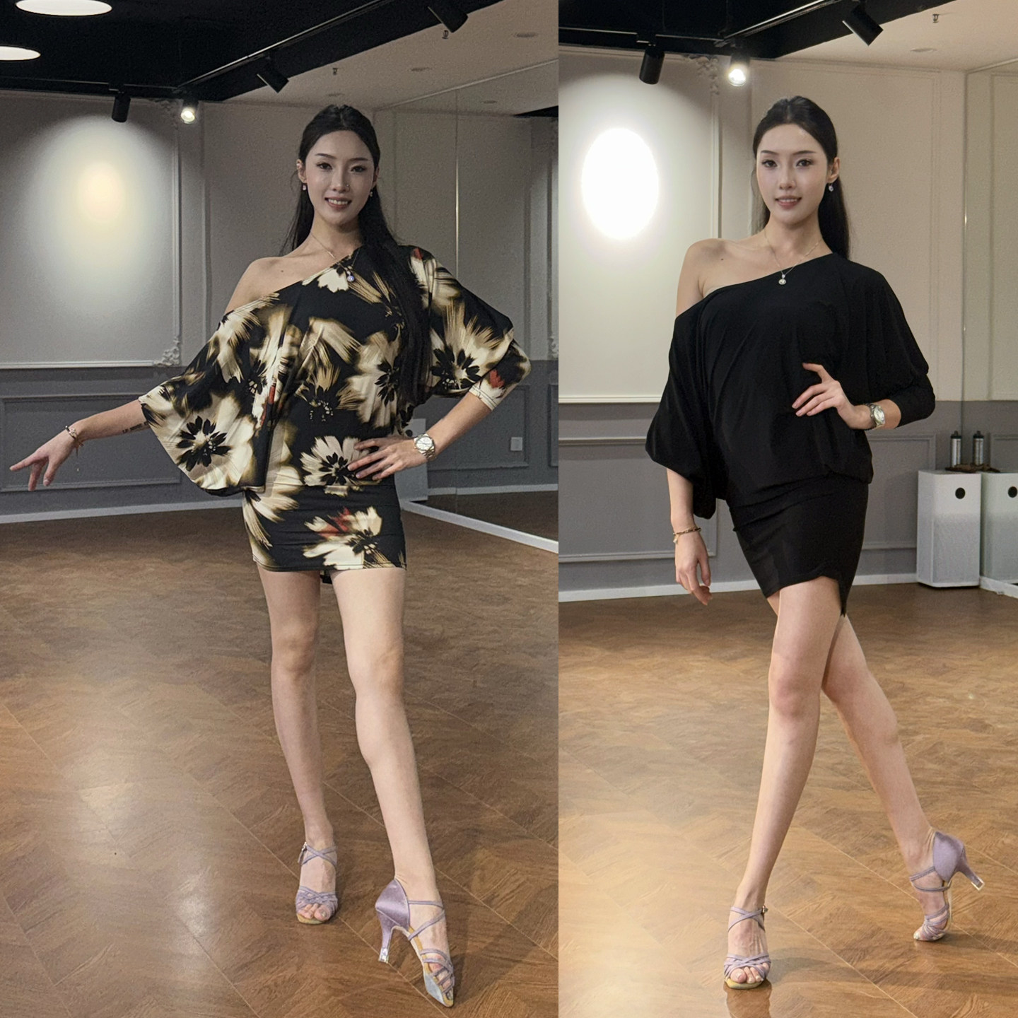 ZS拉丁舞长袖斜肩宽松包臀 新款秋冬连衣短裙国标舞女舞蹈服 L612