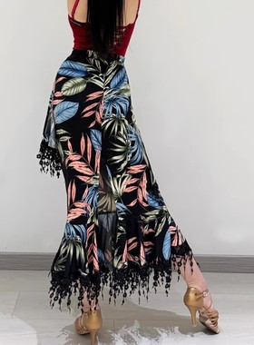 桑巴伦巴舞裙新款拉丁舞后开叉长裙成人舞蹈练功服裙子跳舞训练裙