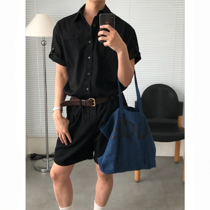MRDONG韩国代购东大门男装夏季水洗牛仔卷边宽松休闲短袖衬衫轻奢