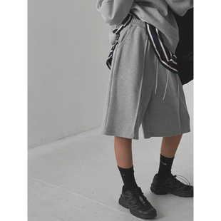 纯色潮 抽绳宽松五分裤 MRDONG韩国代购 男女华夫格拼接线百慕大短裤