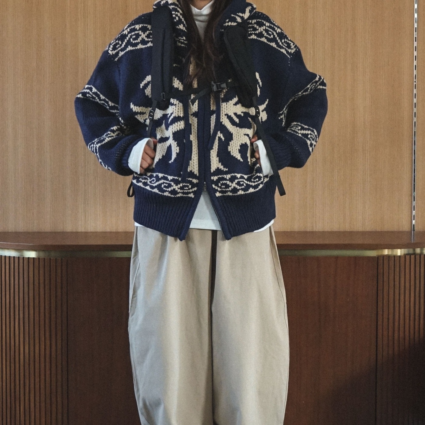 MRDONG韩国代购男女手工厚实针织连帽开衫复古毛衣保暖宽松外套