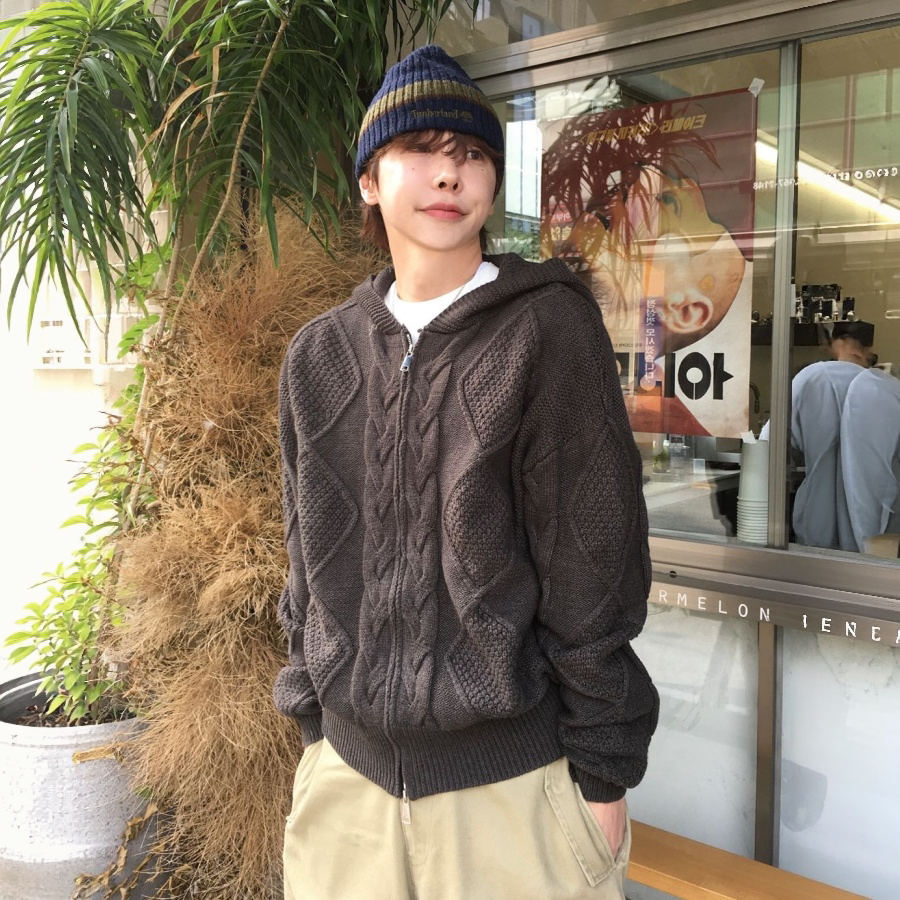 福利秒杀韩国代购东大门男装直播PIONEER麻花纹连帽针织开衫外套