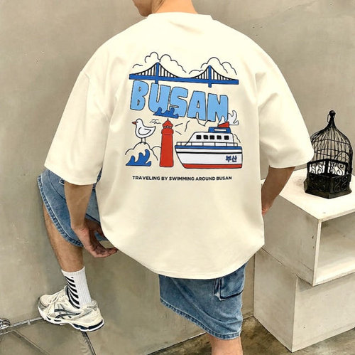 韩国代购釜山海鸥旅行插画短袖T