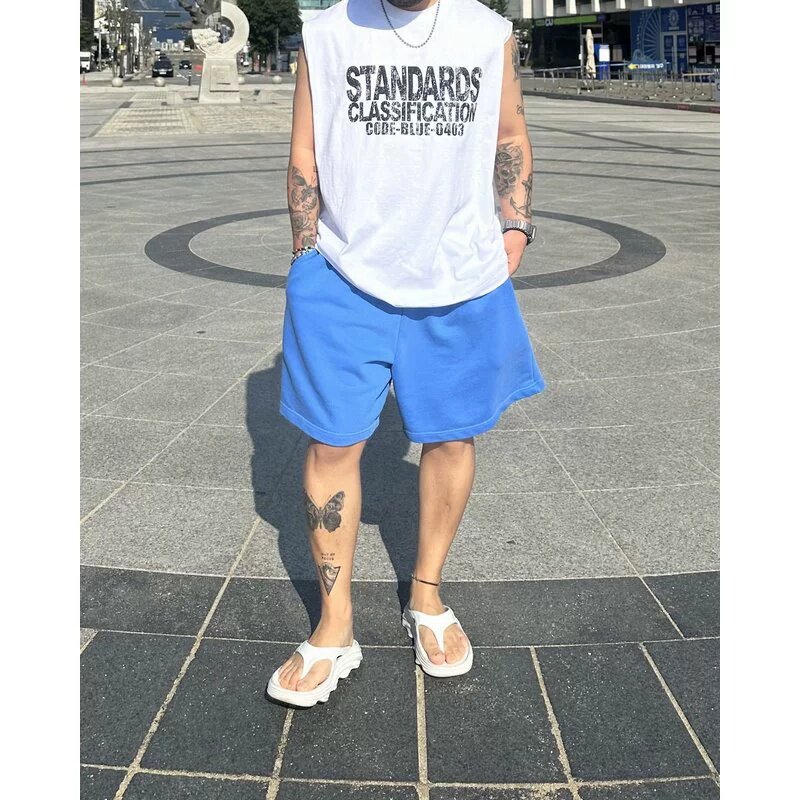 MRDONG韩国代购东大门男装运动简约水洗色松紧腰抽绳阔腿休闲短裤