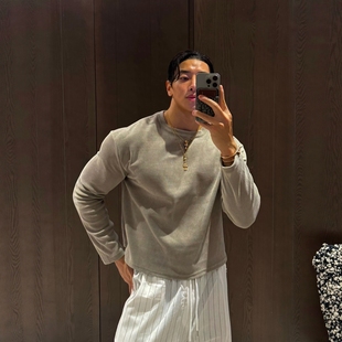 高品宽松长袖 韩国男装 秋季 直播N.floor华夫格纹理针织短款 T恤 代购