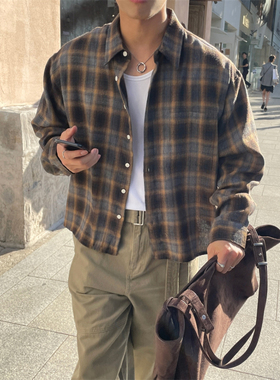 MRDONG韩国男装代购秋冬复古vibe休闲格子纹短款轻熟宽松长袖衬衫