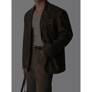 外套宽肩廓形气质夹克 高奢复古做旧皮质西装 MRDONG韩国代购 男装