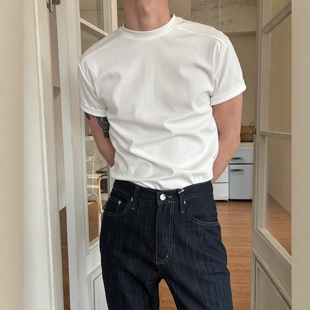 T恤 直播ORDA高品切割线亲肤弹力棉肌肉健身圆领短袖 韩国男装 代购