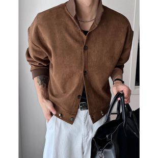 MRDONG韩国代购男装翻领高领短款麂皮质感夹克廓形复古气质小众款