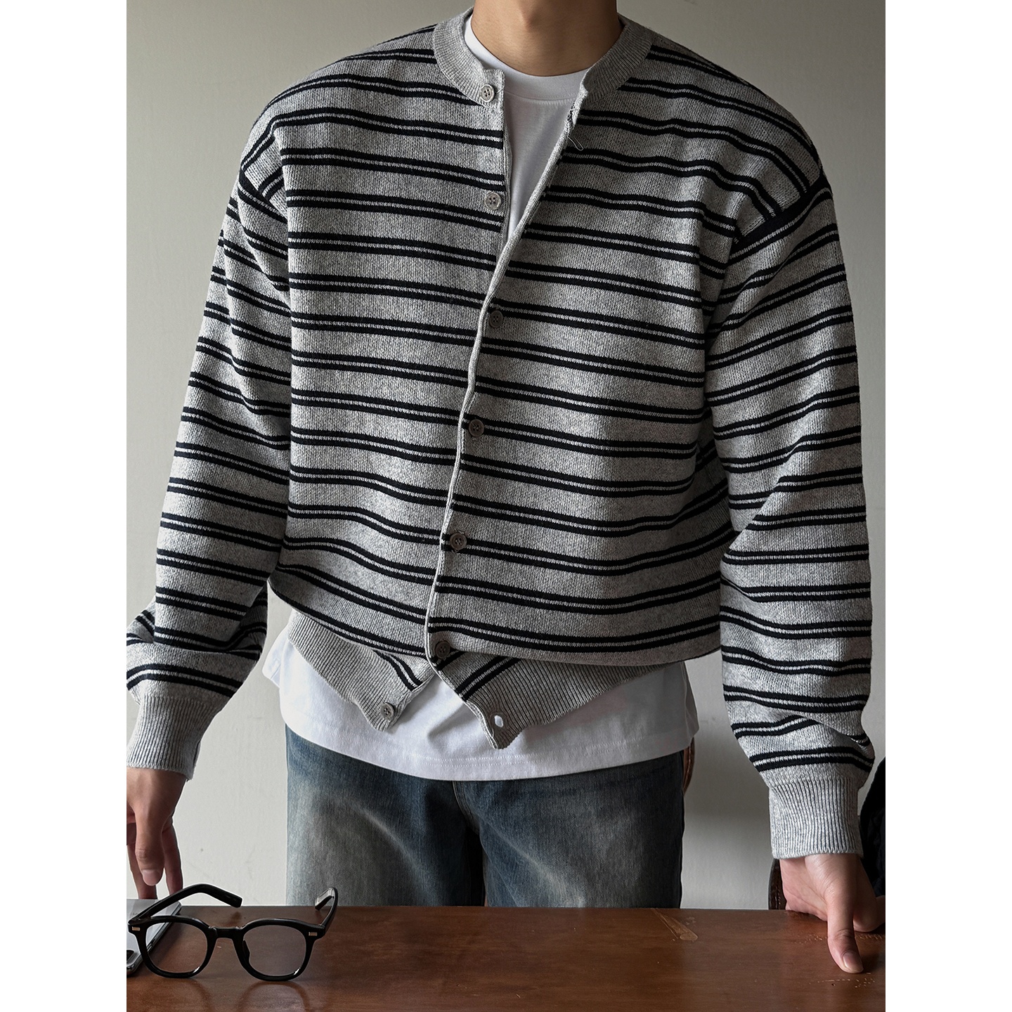 MRDONG韩国男装代购休闲螺纹圆领百搭轻熟横条纹宽松针织开衫外套