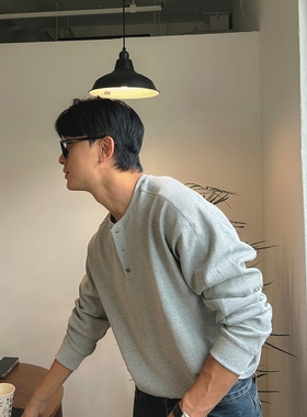 韩国男装代购直播LOGAN高档棉华夫格亨利领双肩线重工束口长袖T恤