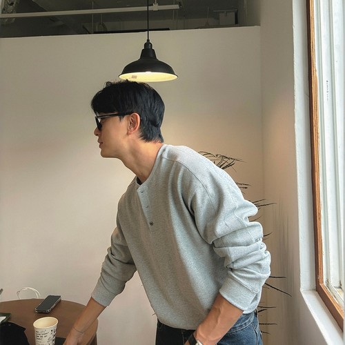 韩国男装棉华夫格亨利领长袖T恤