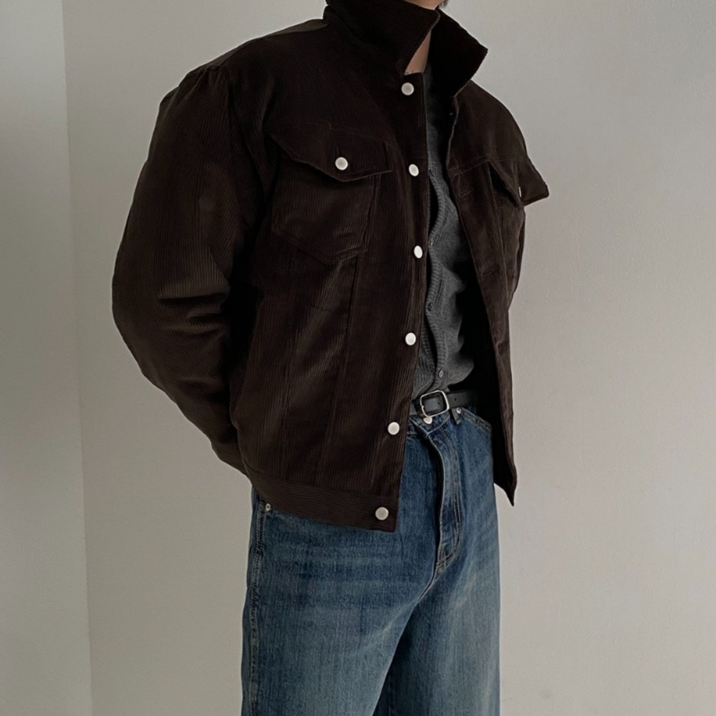 MRDONG韩国男装代购帅气短款翻领秋冬灯芯绒绗缝夹棉复古夹克外套