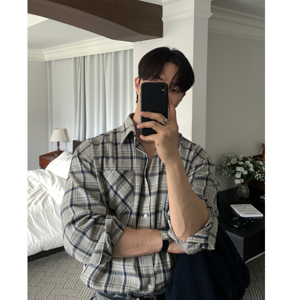 韩国男装日常休闲10色格子纹衬衫