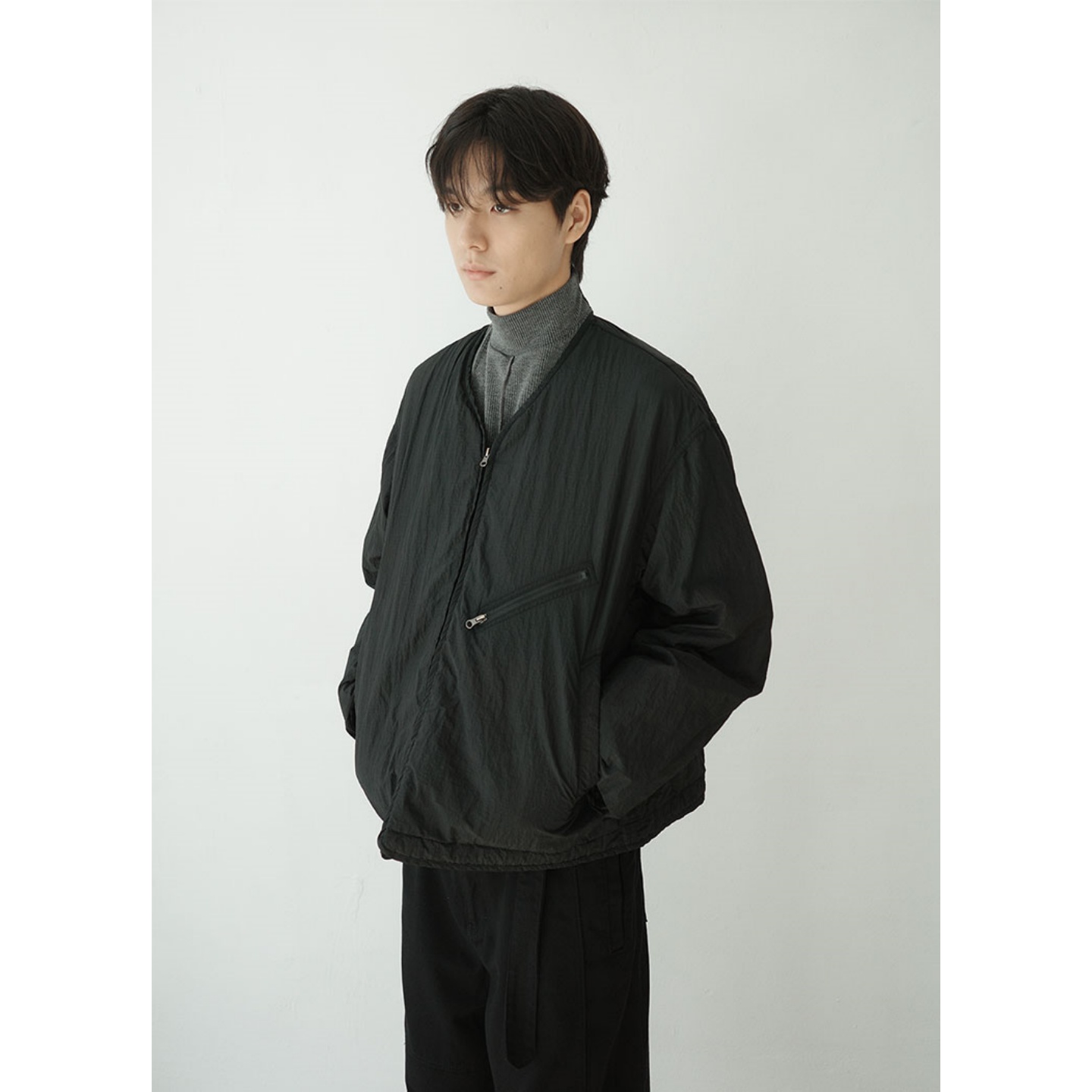 MRDONG韩国男装代购设计师格子暗纹尼龙包边V领轻薄拉链棉服外套