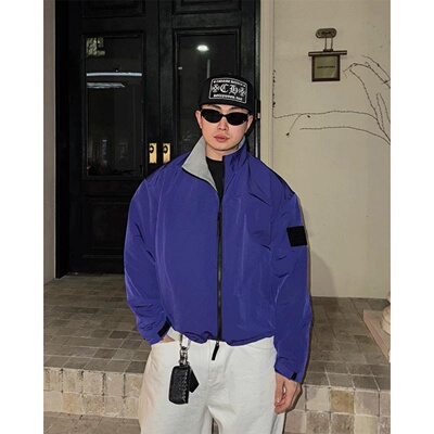 MRDONG韩国代购男装AVEC高饱和宝蓝立领短蓬松高奢春季夹克外套