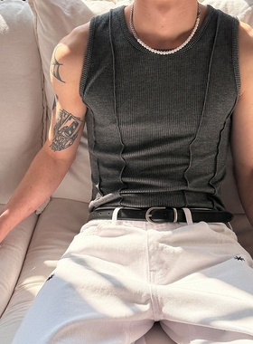 韩国男装代购直播Gambal立体切割线螺纹弹力修身无袖T恤健身背心